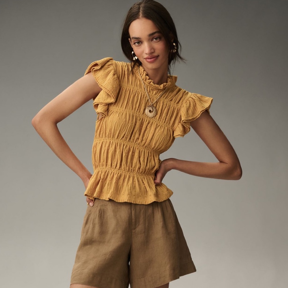 Anthropologie Mustard Ruffle Sleeve Ruched Top